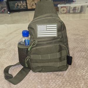 BRE Tactical Sling Bag Green With US Flag Detachable Accessory HikingHunting New
